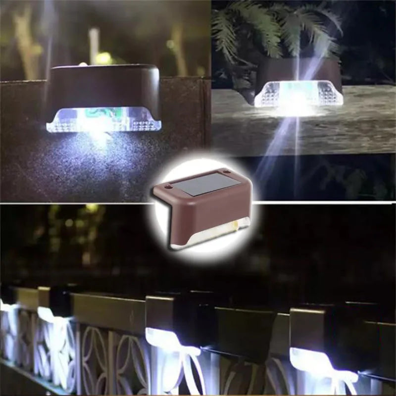 A solar powered LED step light illuminating an outdoor staircase or path.