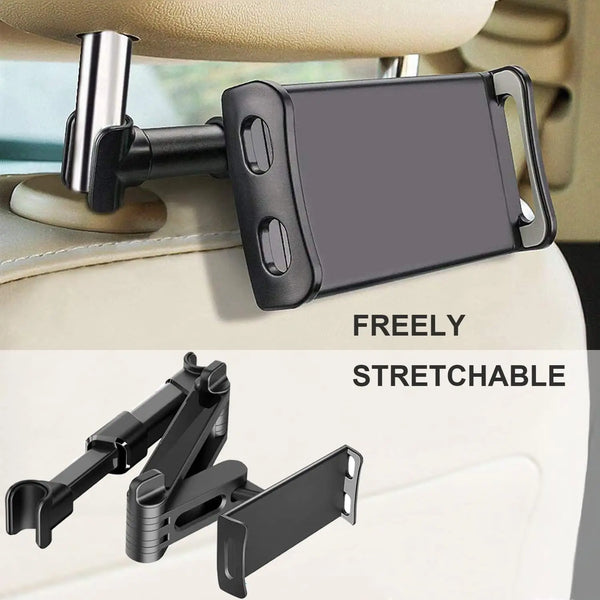 Un support de tablette noir attaché à un dossier de siège de voiture, montrant sa conception extensible.