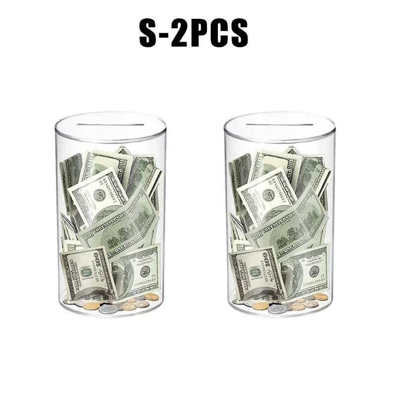 Two clear acrylic piggy banks filled with US currency bills and coins.