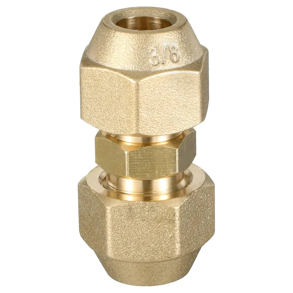 A brass copper pipe extension fitting with a flare nut and hexagonal body.