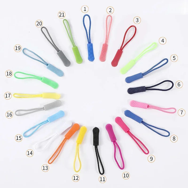 A circular arrangement of colorful plastic zipper pulls, numbered 1 through 21.