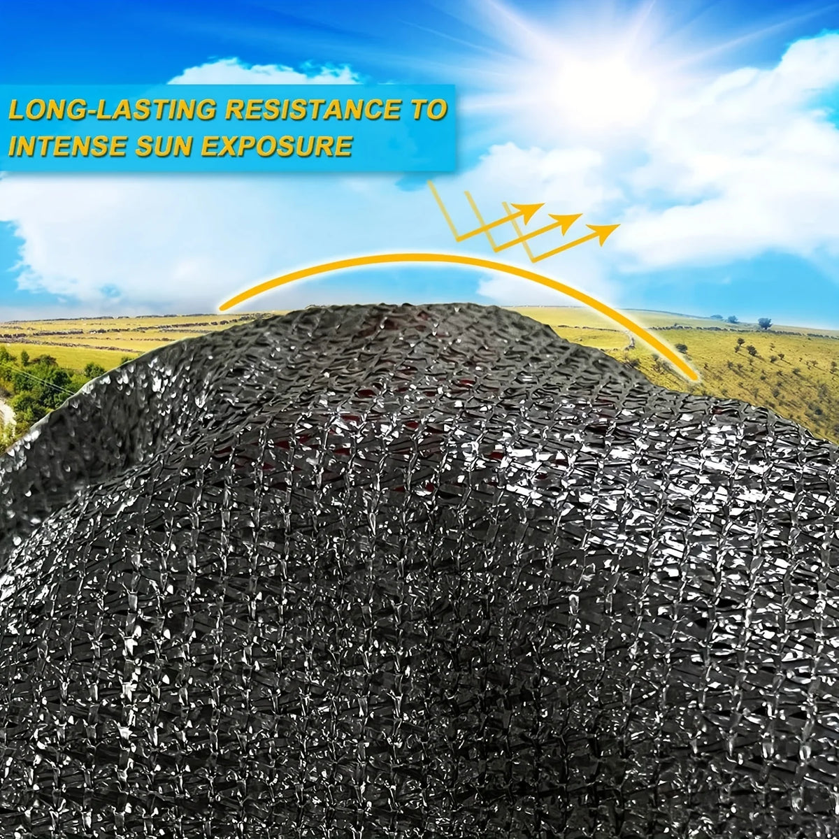 Close-up view of black shade cloth with reinforced edges and grommets under bright sunlight.