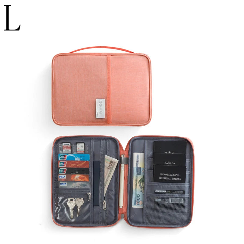 A salmon-colored waterproof family passport and document organizer wallet with a leather-like finish.