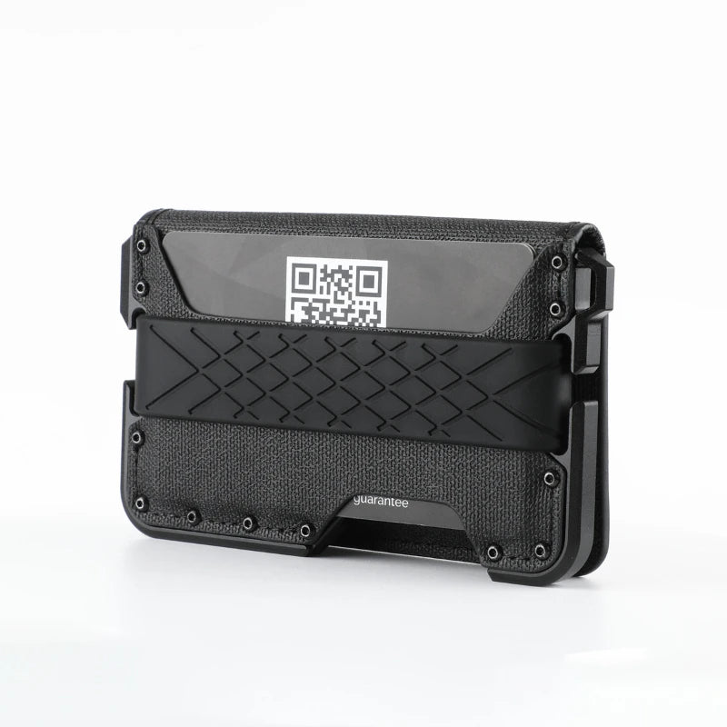 A black minimalist leather card holder with a bottle opener displayed on a white background.