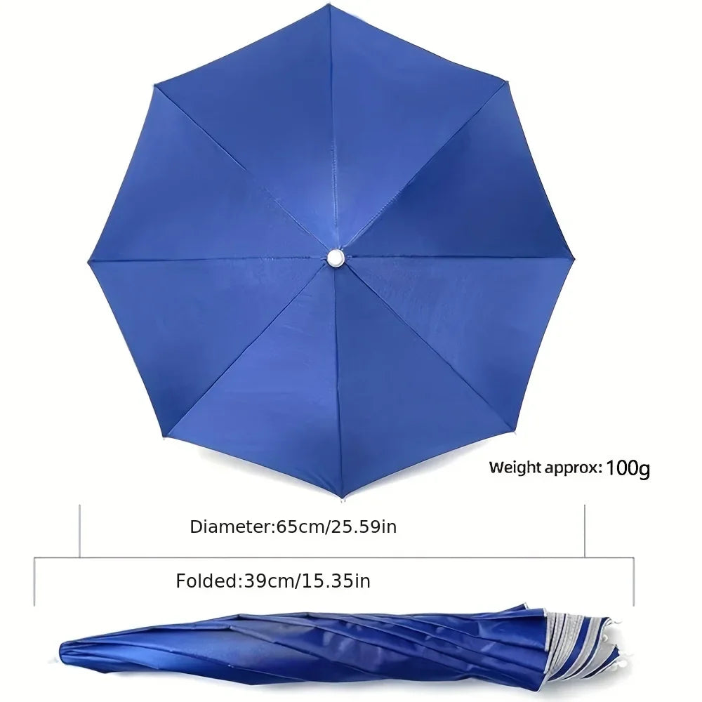 Chapeau parapluie bleu royal, monté sur la tête, plié et ouvert, montrant sa taille et sa structure.