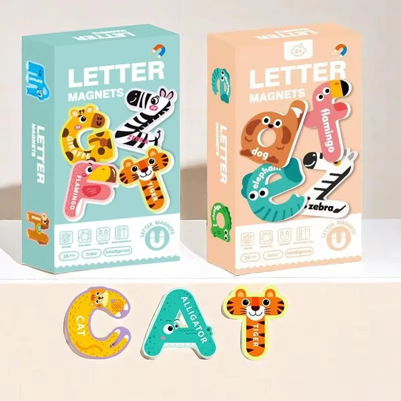 Two boxes of letter magnets featuring animals and letters like C, T, and Z for children