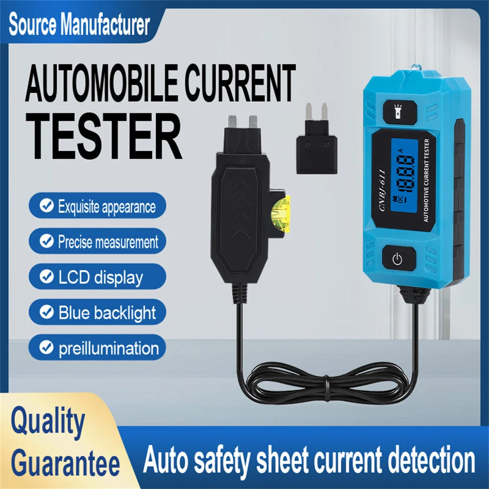 A blue automotive current tester device with a black connector and cable is shown against a light gray background.
