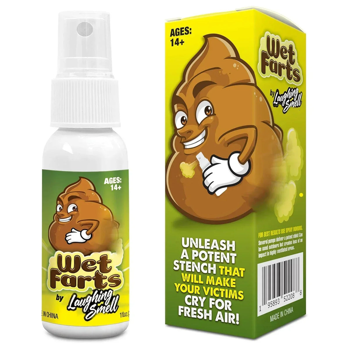 A bottle of Wet Farts by Laughing Smell with a golden-brown, potato-shaped product inside.