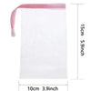 White foaming mesh bath pouf bag with a pink hanging loop and dimensions