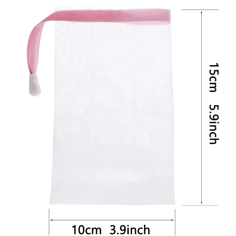 White foaming mesh bath pouf bag with a pink hanging loop and dimensions