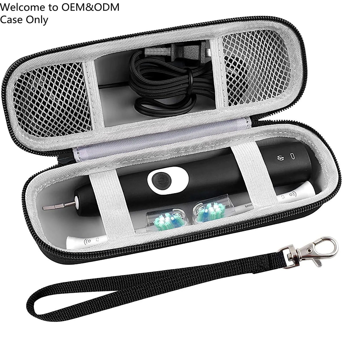 Black EVA travel case for a toothbrush with a protective shell and carrying strap