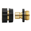 A set of heavy-duty metal garden hose quick connectors in black and brass finish.