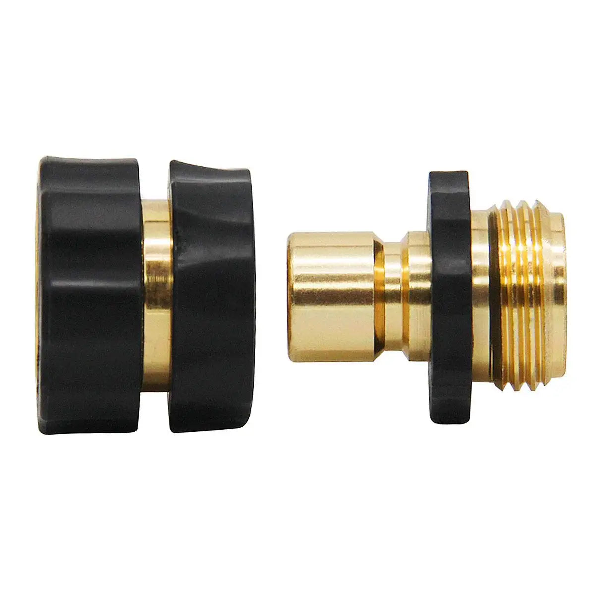 A set of heavy-duty metal garden hose quick connectors in black and brass finish.