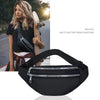 A black multi-function trendy waist bag is shown next to a woman, highlighting its design and use.