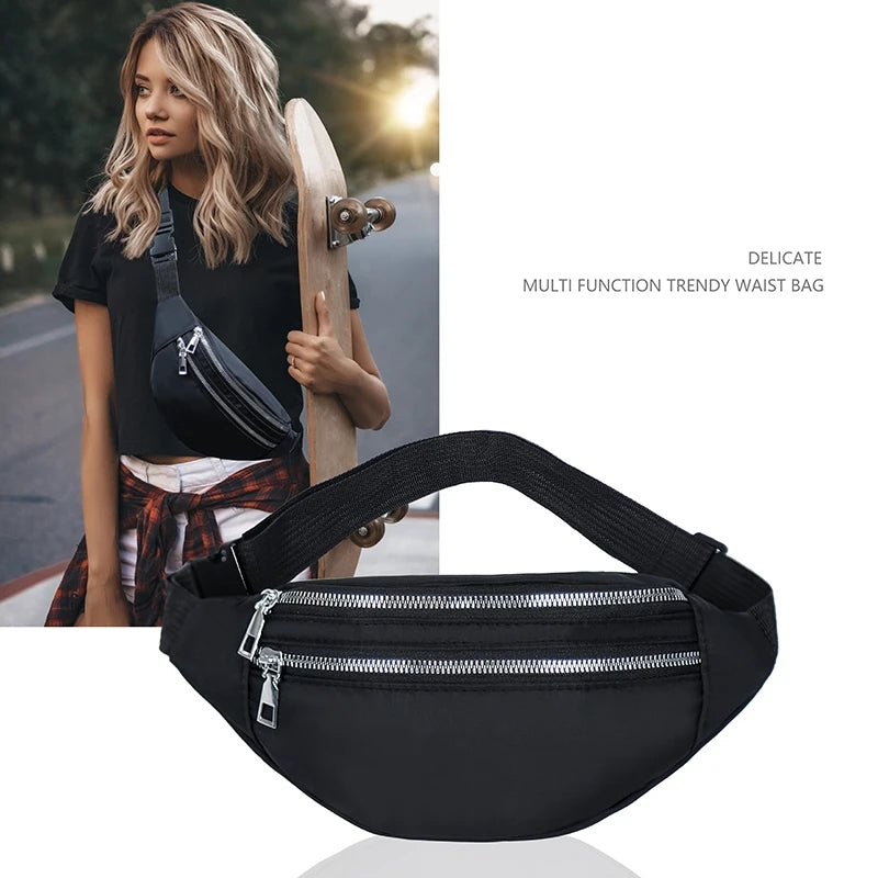 A black multi-function trendy waist bag is shown next to a woman, highlighting its design and use.