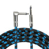 A close-up view of a black braided guitar cable with blue accents and a right-angle connector assembly.