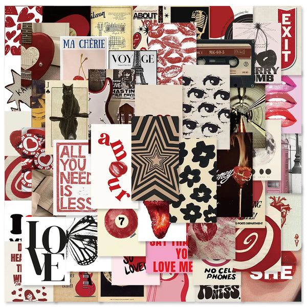 Collage von Retro Y2K-Stickers mit Mustern, Text und Grafiken in Pink, Rot, Schwarz und Neutraltönen.