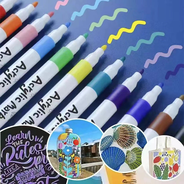 A collection of professional acrylic paint markers in various colors and tips displayed on a blue background.