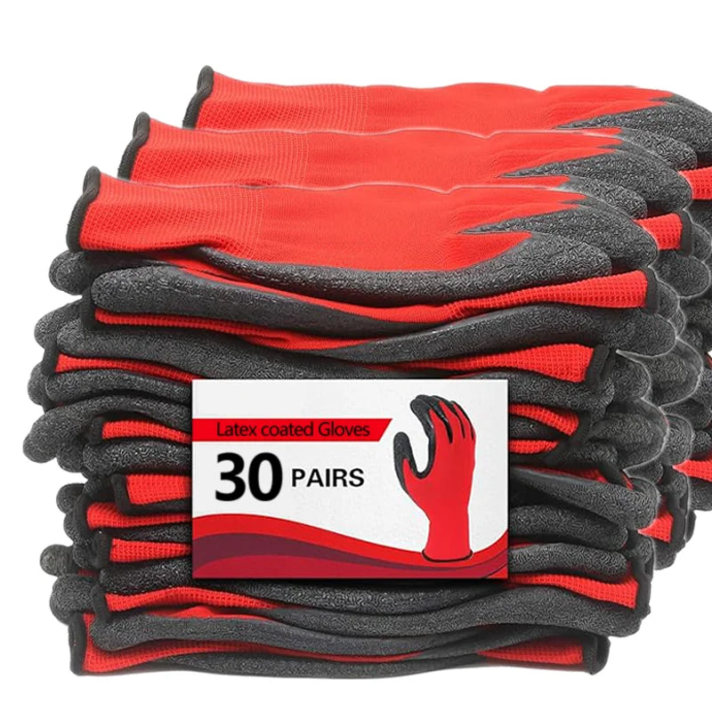 A stack of 30 pairs of red and gray latex coated work gloves.