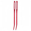 A pair of red tapestry needles with curved tips for knitting and sewing.