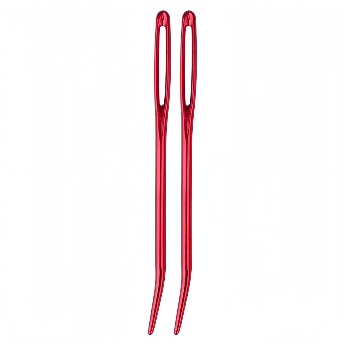A pair of red tapestry needles with curved tips for knitting and sewing.