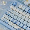 Ocean blue MOA Profile PBT keycaps for mechanical keyboards arranged in a tray.