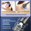 A silicone massage brush shower head used for scalp and shoulder massage, demonstrating water purification features.