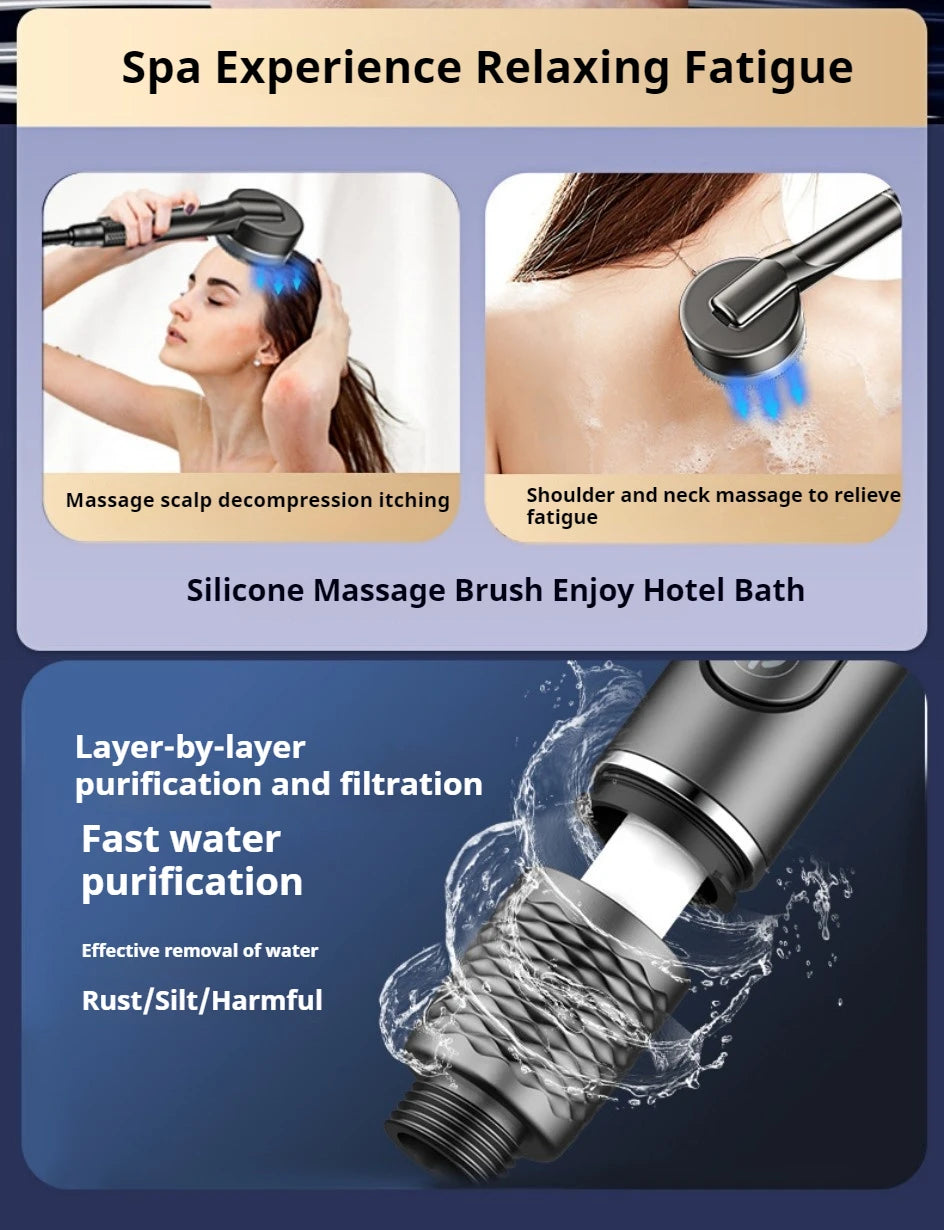 A silicone massage brush shower head used for scalp and shoulder massage, demonstrating water purification features.