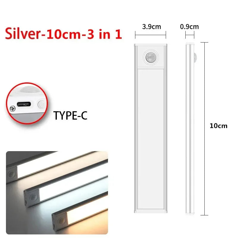 Silver LED motion sensor light fixture with a Type-C connection and various dimensions shown.