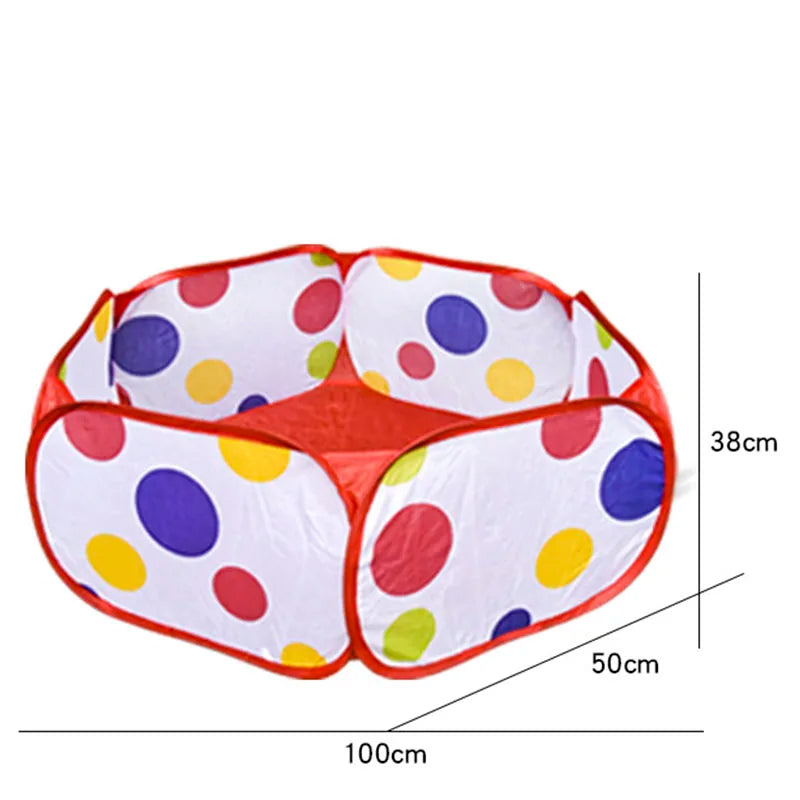 A colorful, foldable kids play tent with a ball pool pit, showing its dimensions.