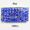 A bulk pack of 100 blue acrylic D6 dice with white dots, arranged in rows.