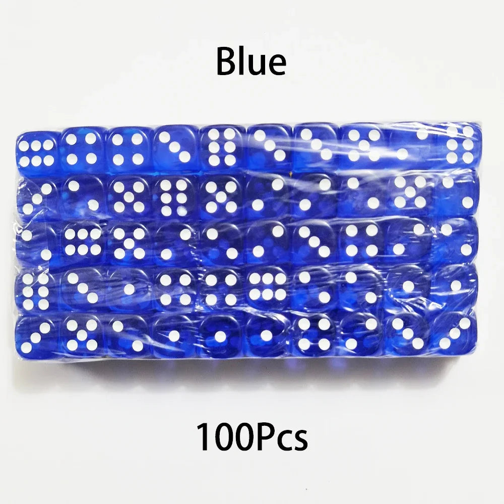 A bulk pack of 100 blue acrylic D6 dice with white dots, arranged in rows.