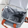 A gray insulated lunch bag with a silver lining is shown open, displaying double-layer compartments and orange straps.