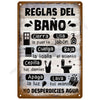 A vintage metal tin sign with black text listing bathroom rules such as closing the door, using soap, hanging towels, and sav