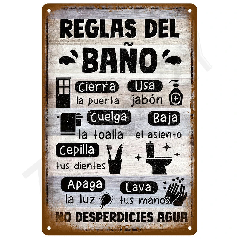 A vintage metal tin sign with black text listing bathroom rules such as closing the door, using soap, hanging towels, and sav