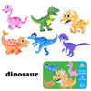 A set of six dinosaur puzzle pieces in various colors and shapes, including a storage box.