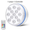 A round submersible LED pool light with a control remote is shown, featuring multiple colored lights.