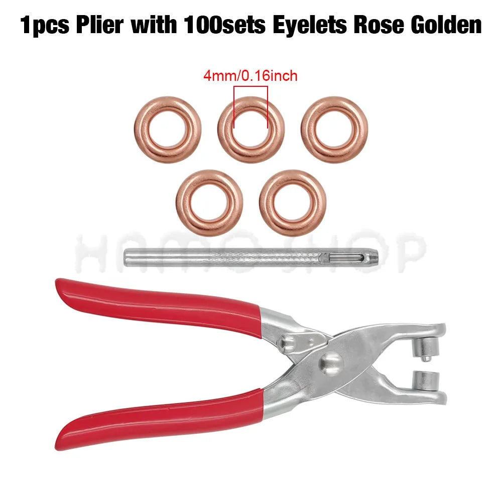 A pair of rose gold pliers with 100 sets of 4mm metal eyelets and several individual eyelets shown.