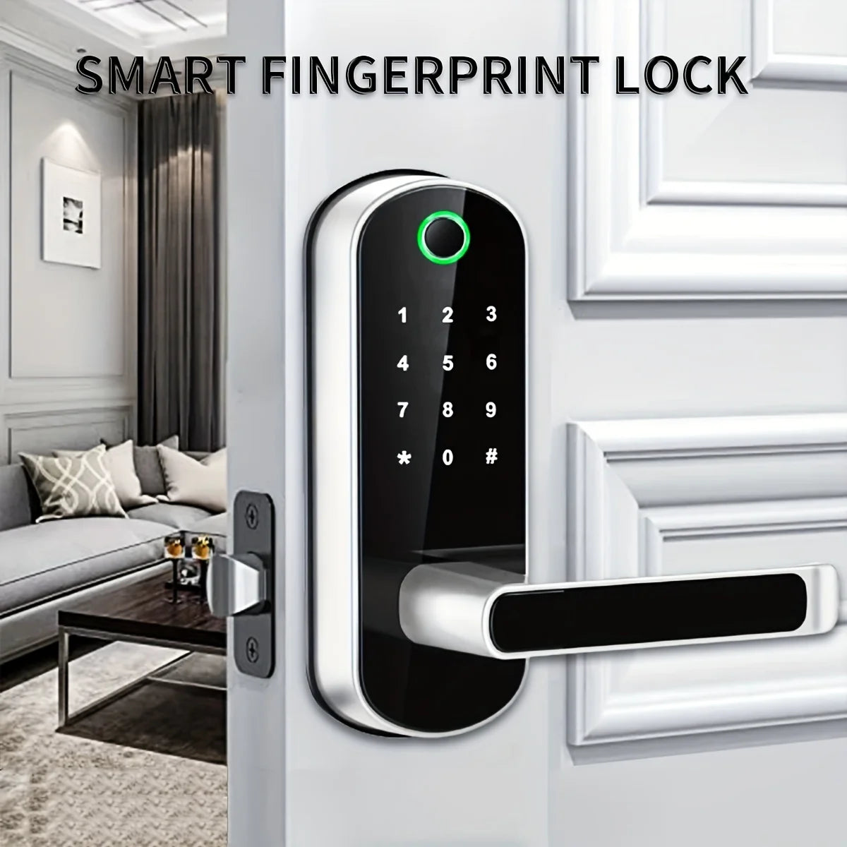 A close-up of a smart fingerprint door lock installed on a white door, featuring a keypad and a silver handle.