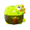A bright lime green dinosaur bubble machine with yellow spikes and a clear dome, designed for bath time fun.