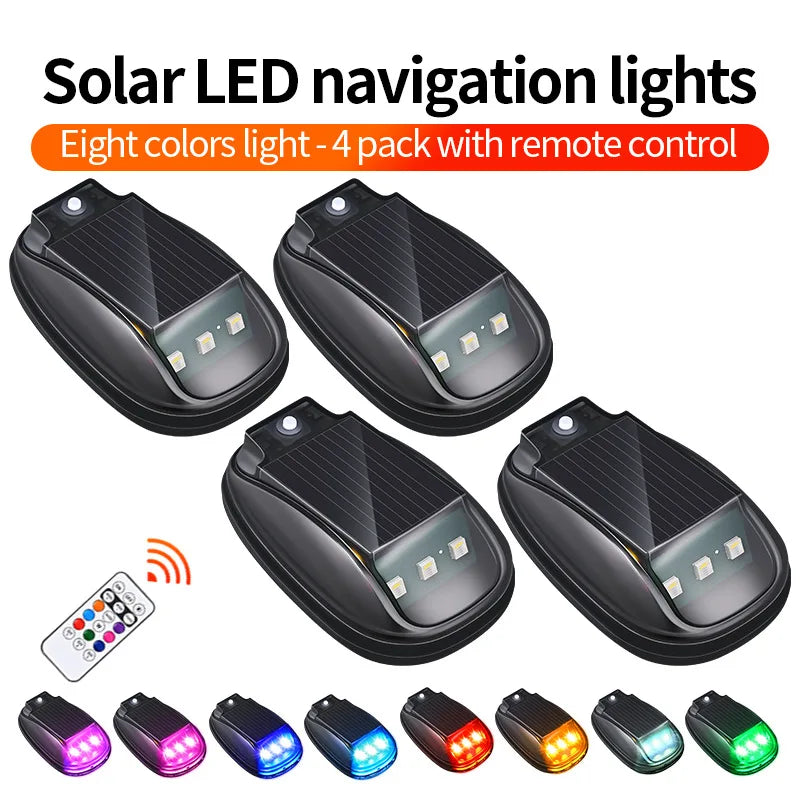 Four pairs of solar LED navigation lights with remote controls and various colored strobe lights