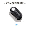 A black luxury leather key case with a clear lens is shown, indicating compatibility.