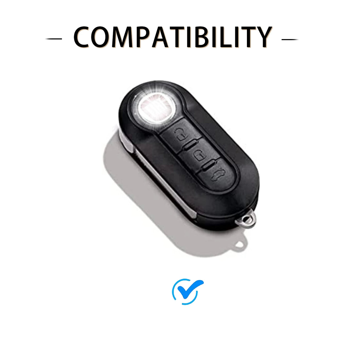 A black luxury leather key case with a clear lens is shown, indicating compatibility.