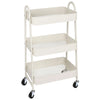 A white 3-tier rolling metal storage cart with wire baskets and lockable wheels.