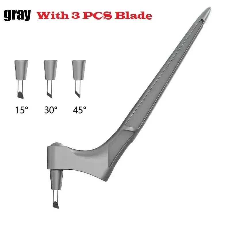 Gray precision craft knife with three replacement blades shown at 15, 30, and 45 degree angles.