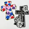 Embroidered cross patch featuring red, blue, and purple floral designs on a white background.