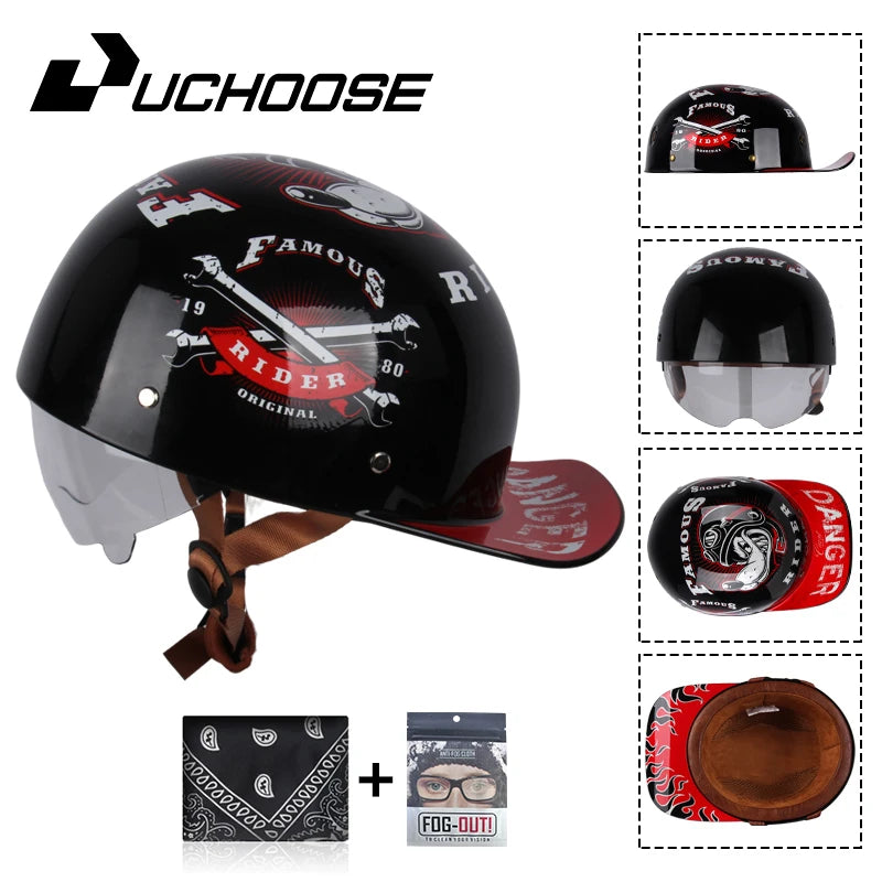 Black retro open face motorcycle helmet with a visor and leather strap, shown next to accessories.
