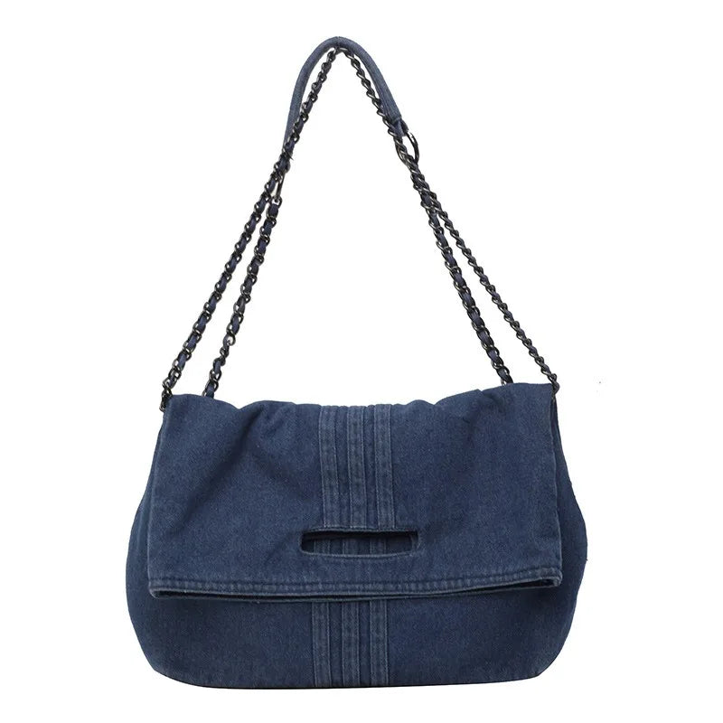 Oxford Denim Tote Bag with Chain Strap