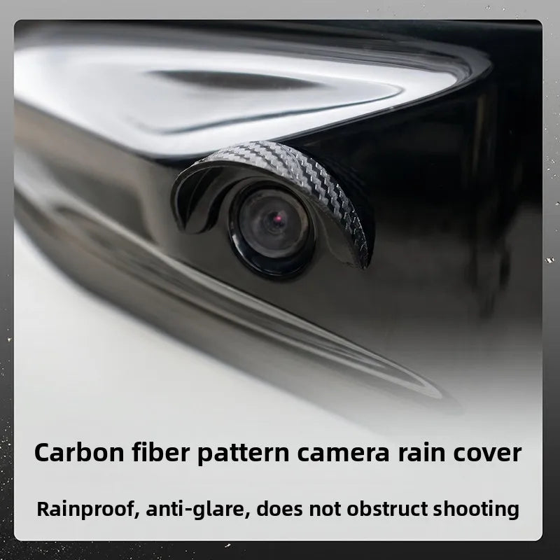 Carbon fiber pattern camera rain cover protecting a car's rear camera lens.