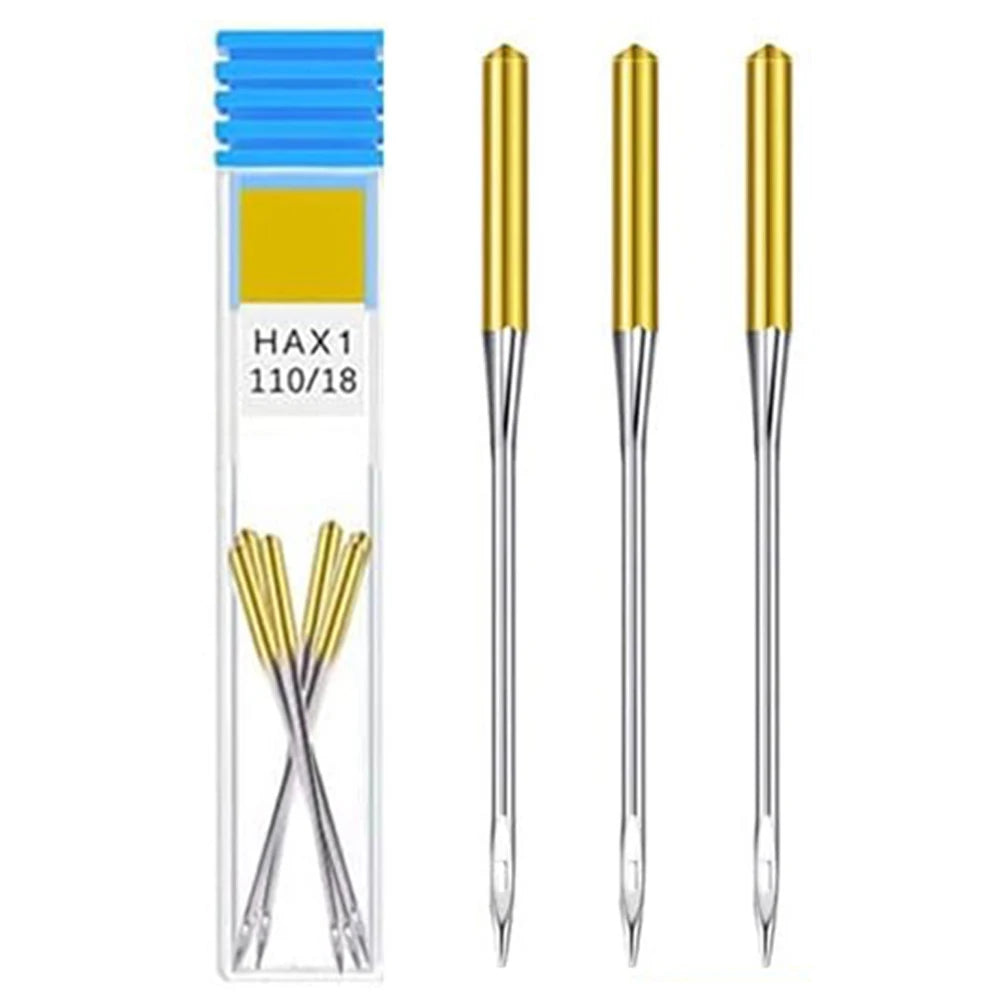 A pack of gold anti-jump sewing machine needles for stretch fabric labeled HAX1 110/18.